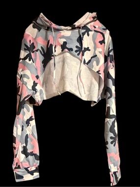 Sweet Generis Camo Crop Hoodie in Pink, Gray & White